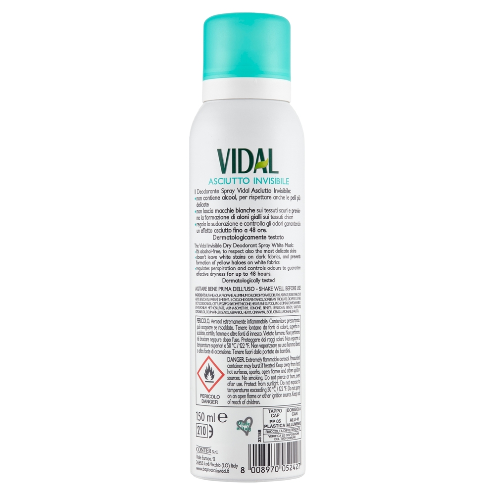 Vidal Asciutto Invisibile Muschio Bianco Deo Spray 48h 150 ml
